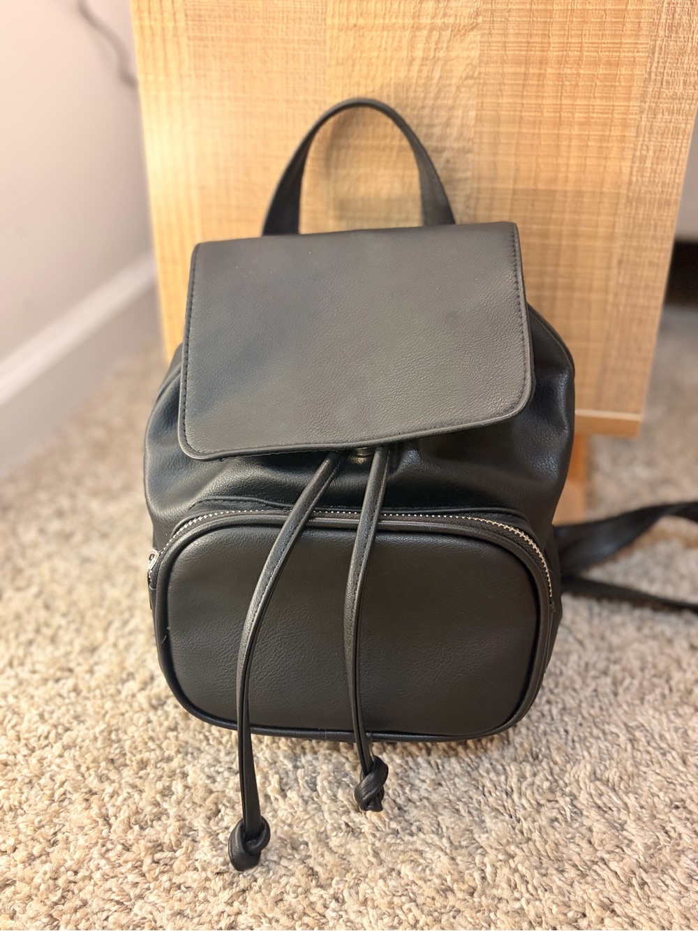 Black Faux Leather Mini Backpack for Women